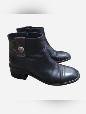 Brighton Black Leather Loonie Ankle Booties With Zipper & Logo